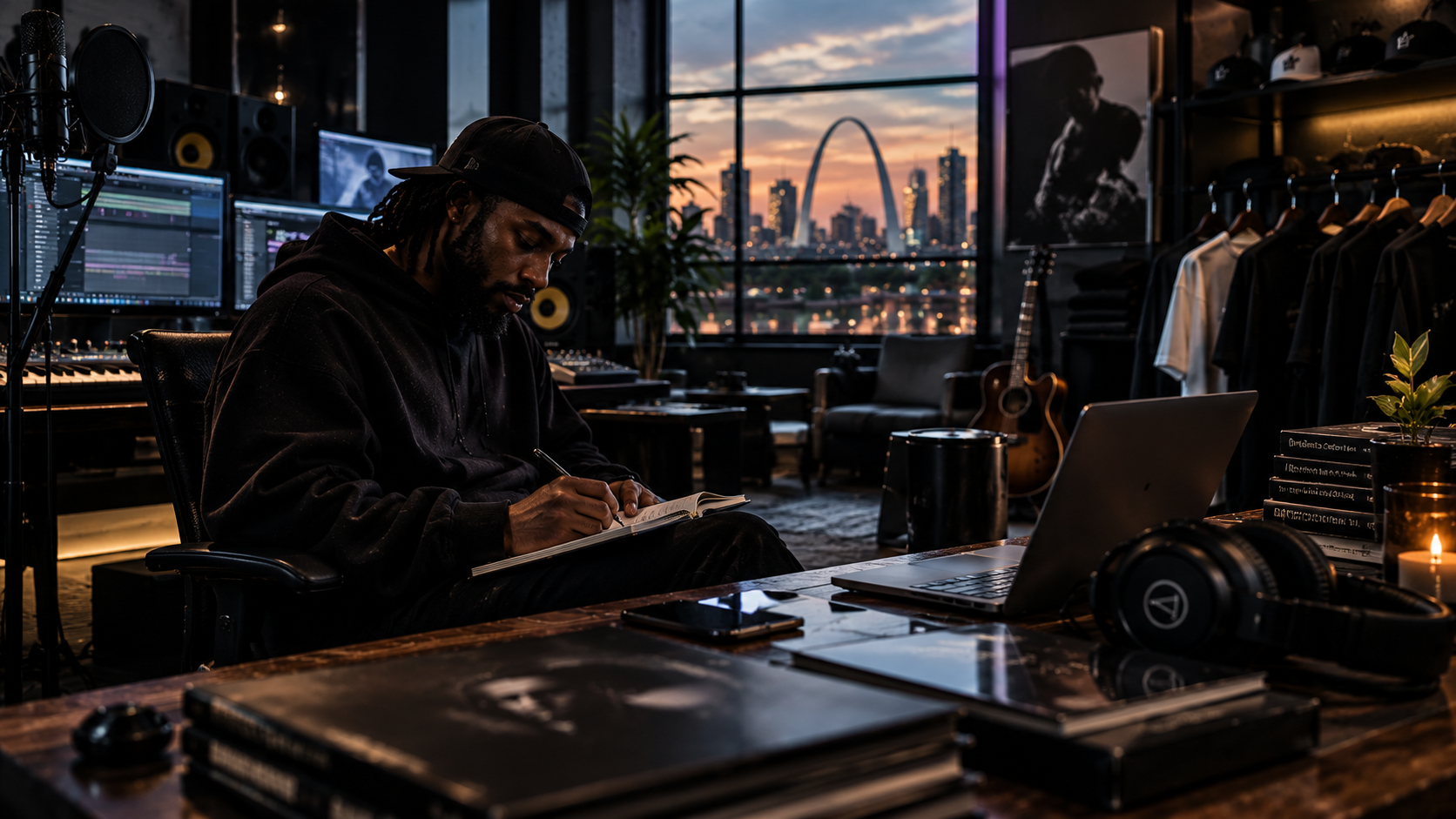 Independent artist in a St. Louis studio with music and merch