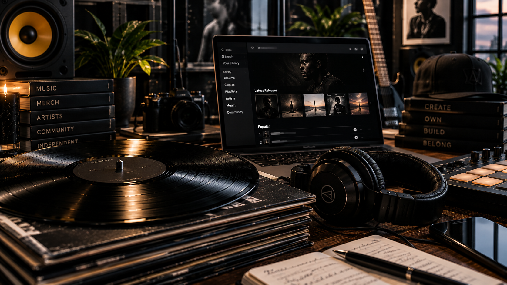 Vinyl records, headphones, and a laptop showing a music storefront